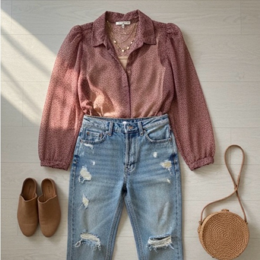 Lulu's Sheer Pink Dot Puff Sleeve Blouse